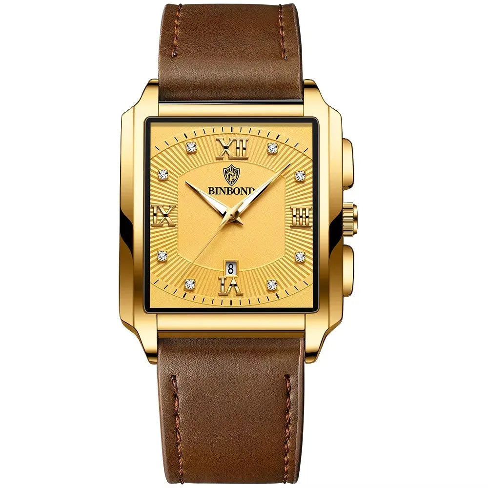 BINBOND B4143 Square Quartz Watch — 43mm, Luminous, Day/Date, 3BAR