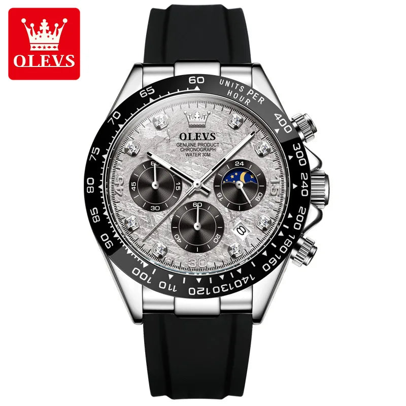 OLEVS 2875 CITIZEN Quartz Watch — 41.5mm, Day/Date, Silicone Strap