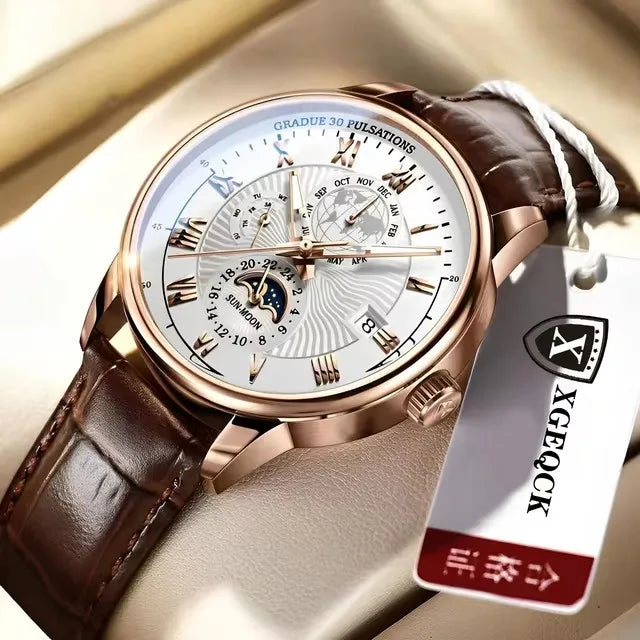 Men's Fashion Leather Oval Quartz Watch — 40mm, Day/Date, 3BAR