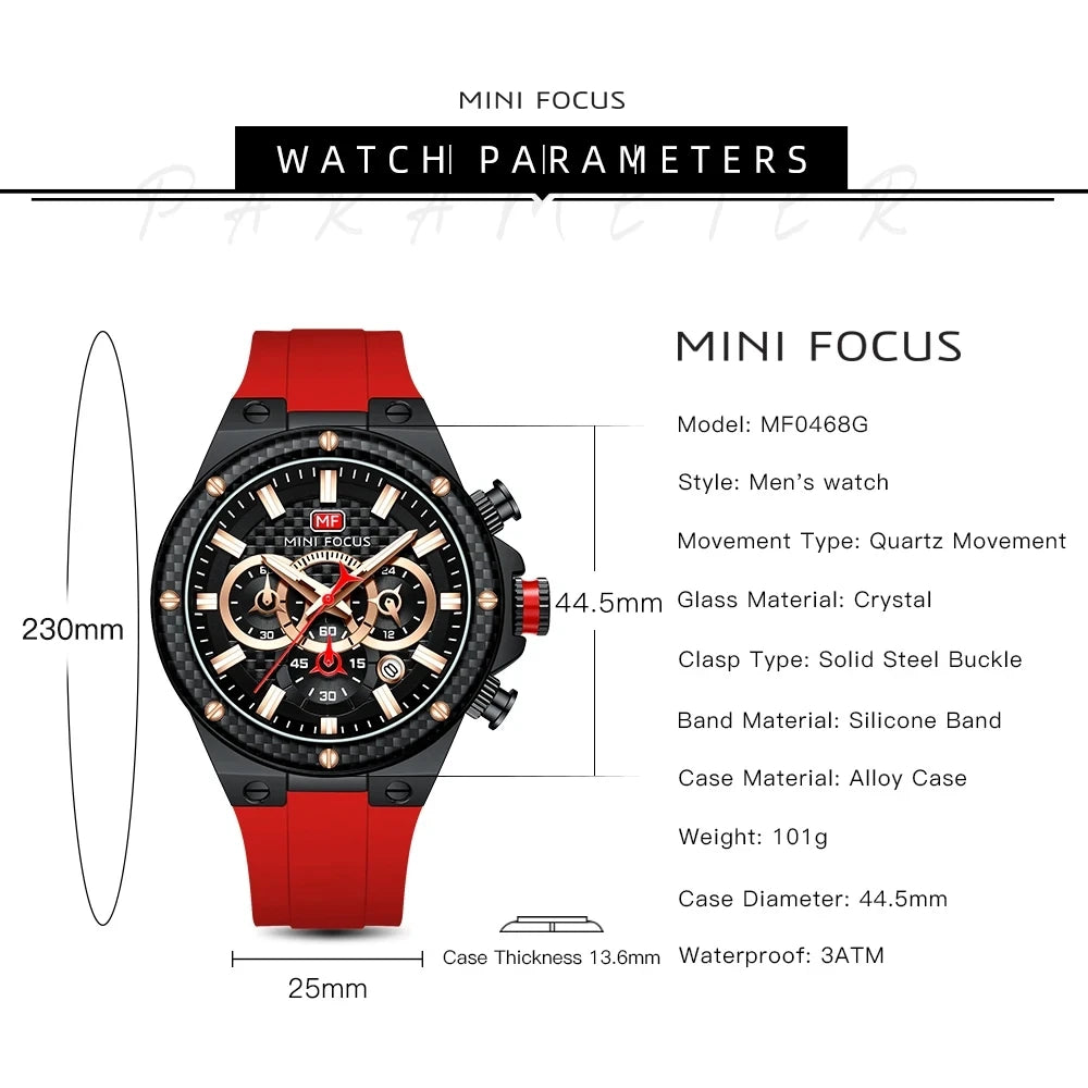 Mini Focus MF0468G Sport Quartz Watch — 44.5mm, Silicone, 3BAR
