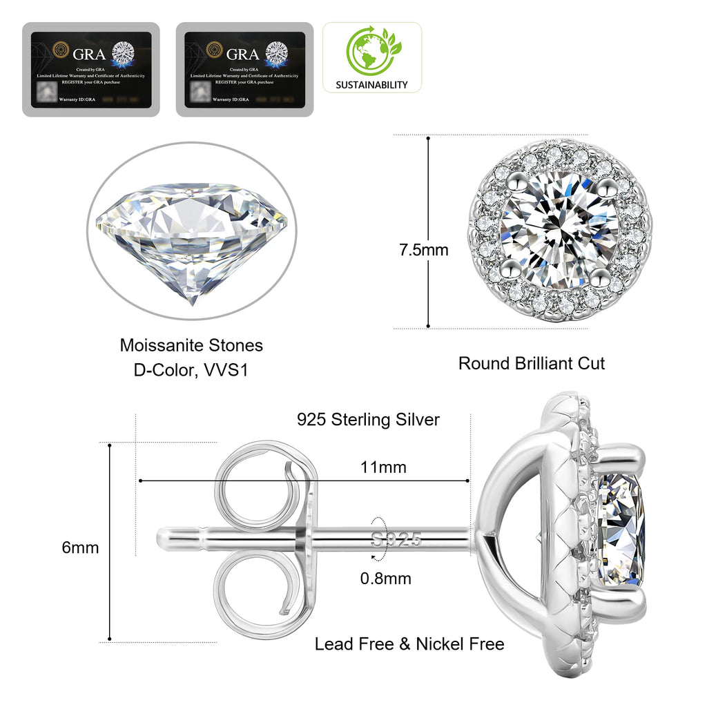 Luxury Moissanite Stud 1ct VVS 925 Sterling Silver Men Women Jewelry Flower Cluster Halo Diamond Earrings With GRA Certificate