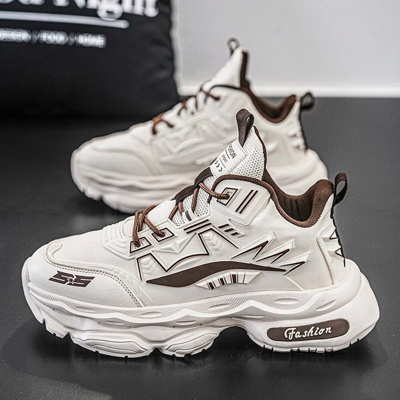 2025 Logo Custom Premium Synthetic Leather Breathable Mesh Chunky Sole Sneakers for Men Geometric Pattern Fashion Athletic Shoes