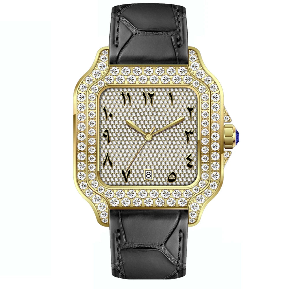 Hip Hop Square Moissanite Watch — Automatic, Leather Strap, Sapphire