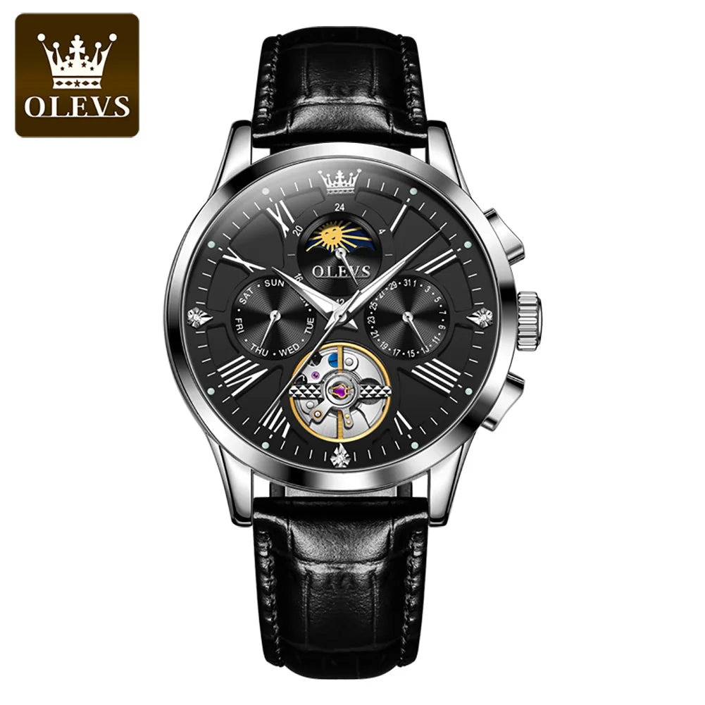 OLEVS 9912 Automatic Mechanical Watch — 40.5mm, Leather, Coated Glass