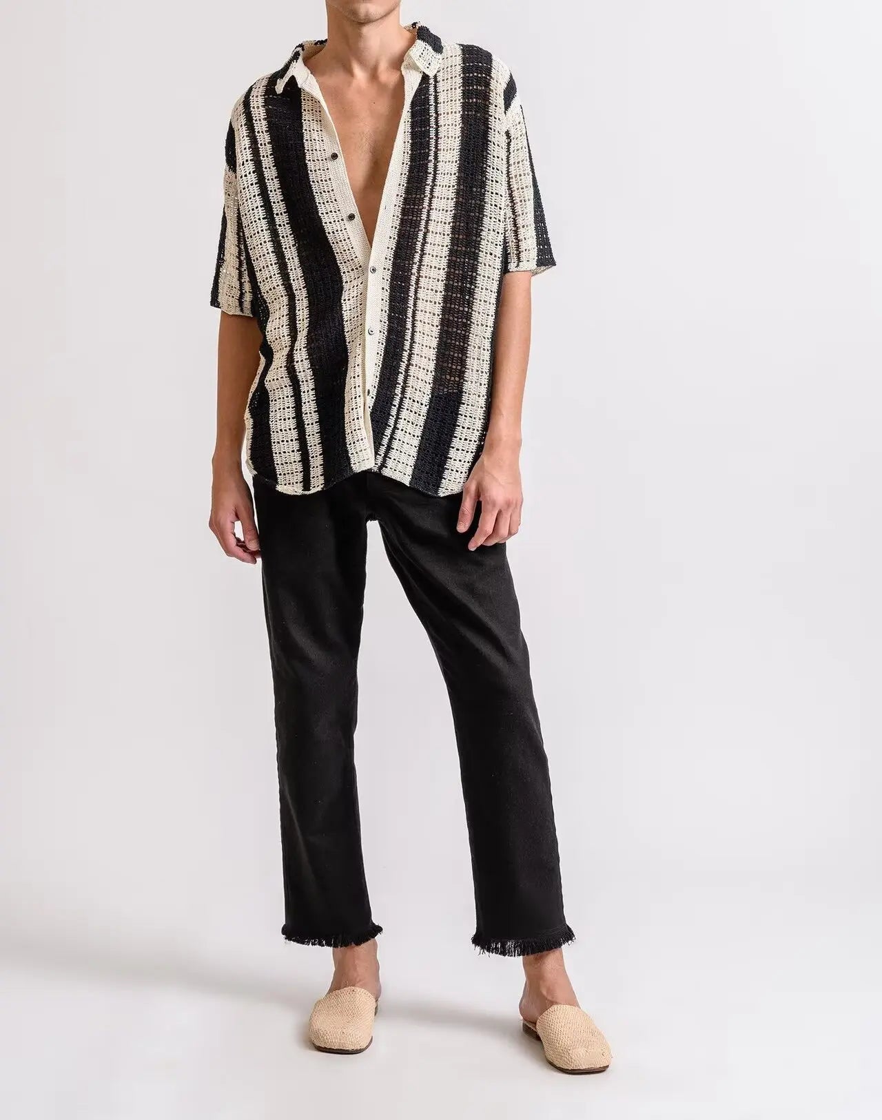 Hollowed Striped Knitted Lapel Shirt for Men in Summer Retro Half Sleeved Casual Shirt Short Sleeve Customization LOGO