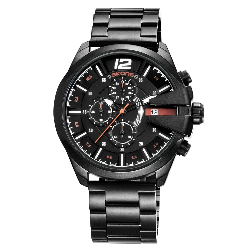 SKONE 7428 Chronograph Quartz Watch — 45mm, Day/Date, Hardlex, Hidden Clasp
