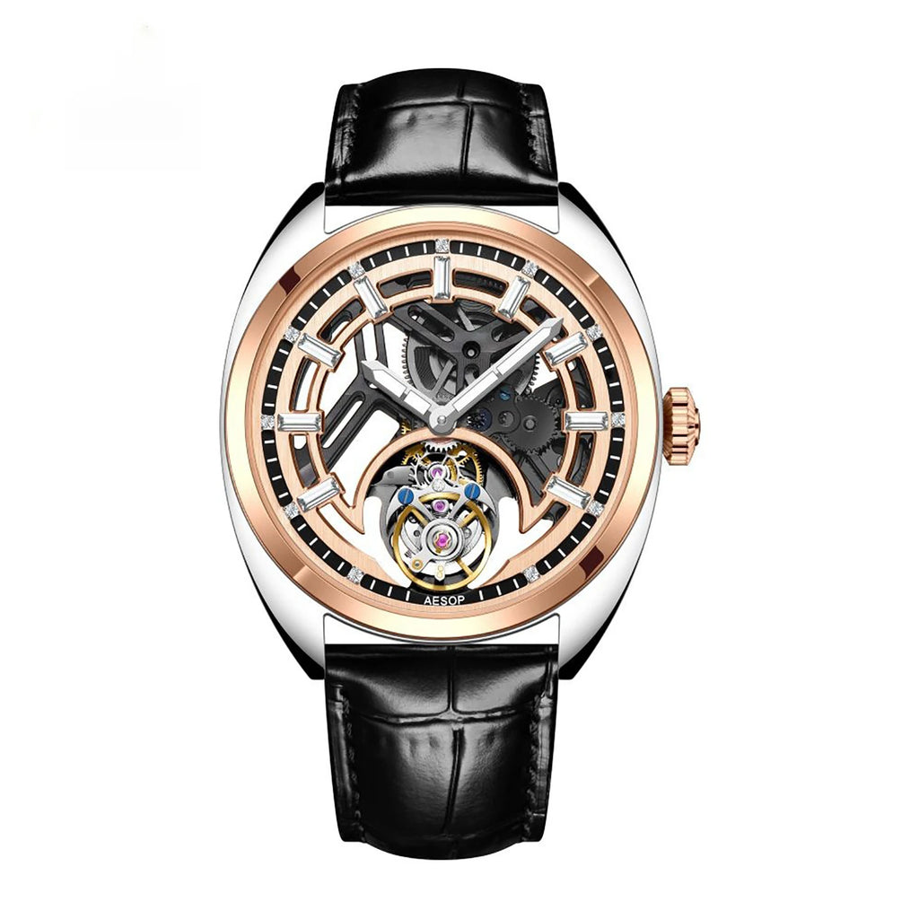Skeleton Luminous Sapphire Tourbillon Watch — Round, 42mm, Leather