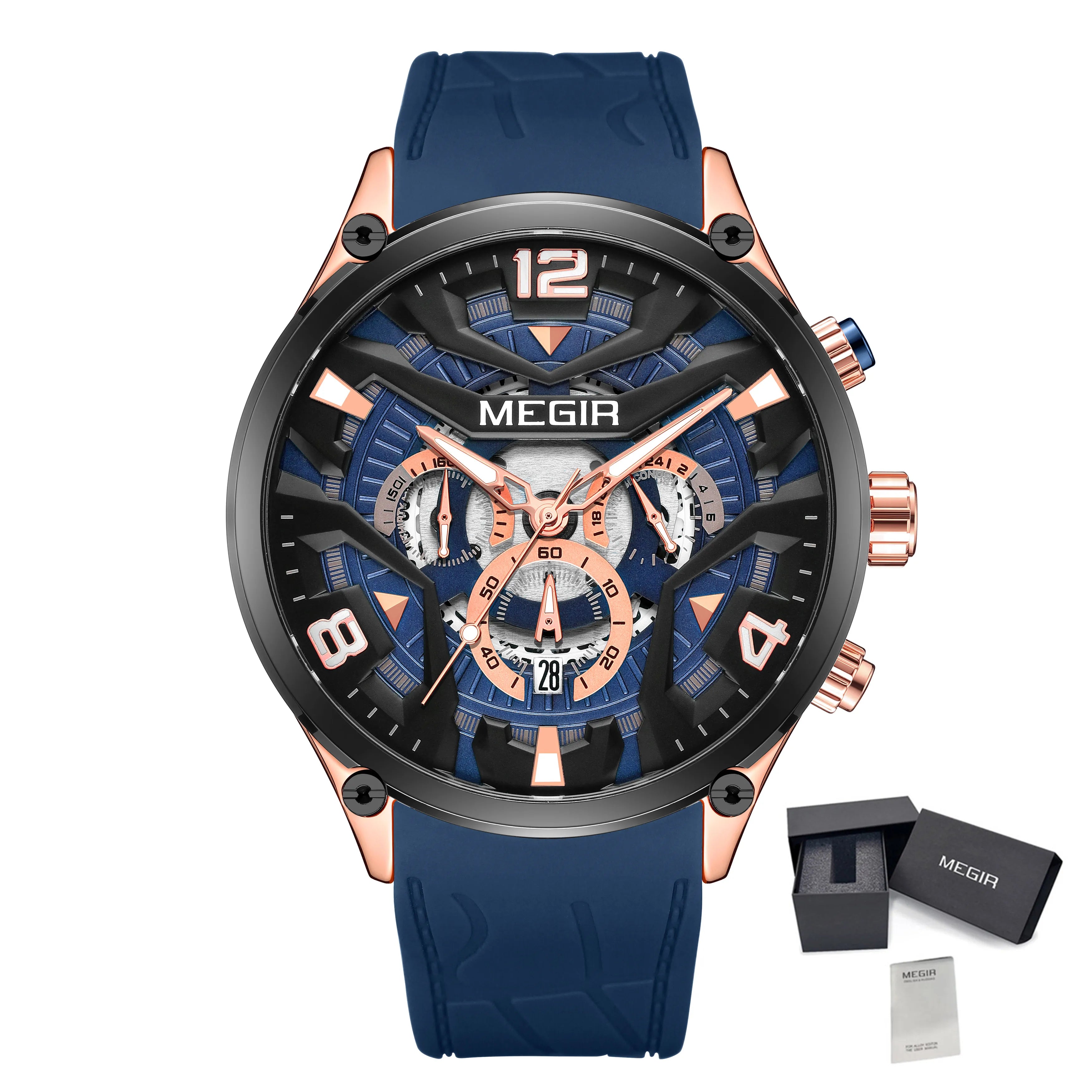 MEGIR 2222 Chronograph Silicone Watch — 43mm, Luminous, Day/Date