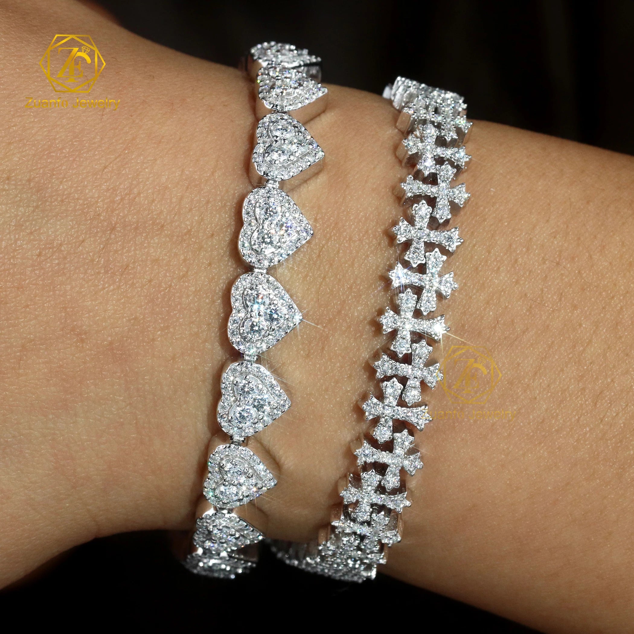 Custom Heart & Cross Design 925 Silver Gold Plated Hip Hop Style Cuban Link Chain Bracelet with Moissanite Stones