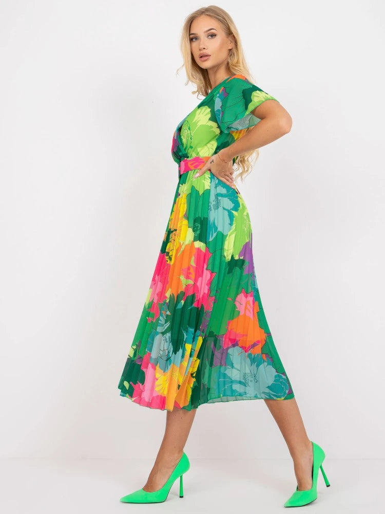 V-Neck Printed Pleated Holiday Dress