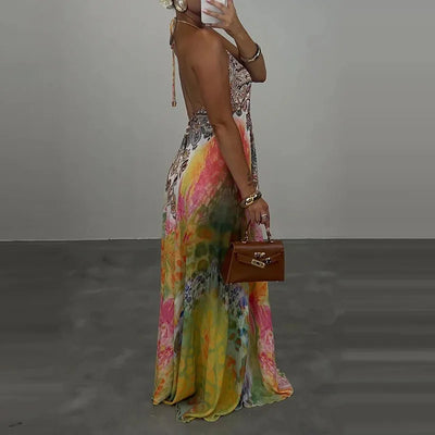 Casual High Waist Evening Party Dress Sexy V-neck Backless Sleeveless Vacation Robes Elegant Bohemian Printed Women Loose Dress