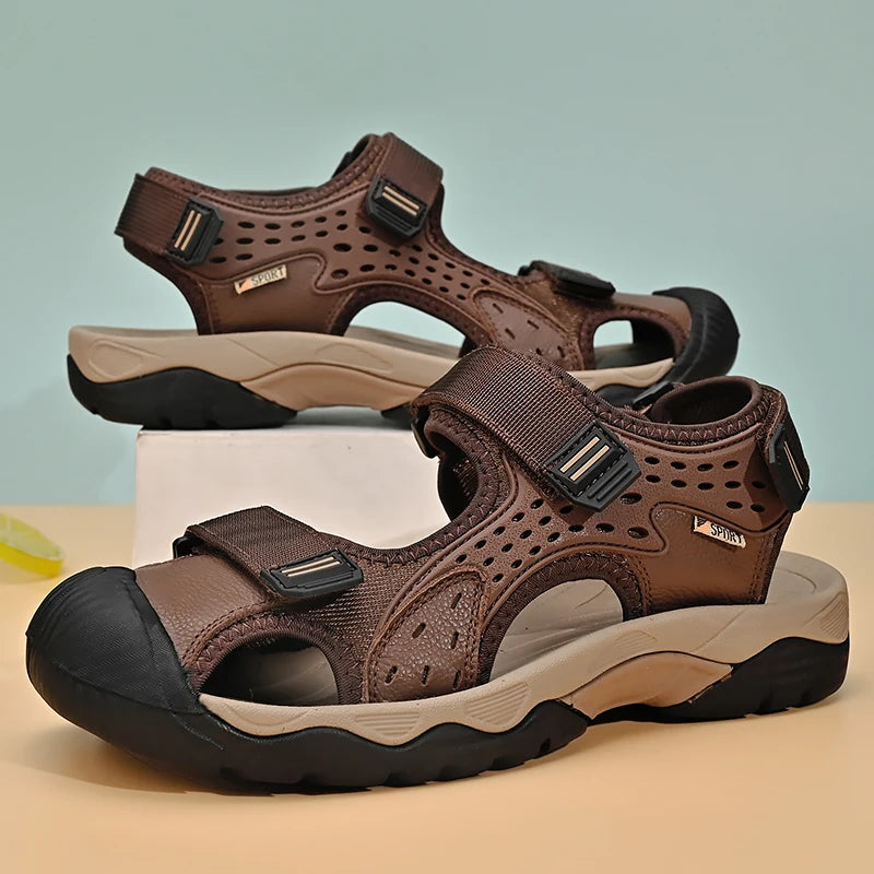 Mens Sandals Fashion Casual Outdoor Beach Slippers Leather Men Sandals Summer Shoes 2026 New Plus Size Breathable Wading Shoes