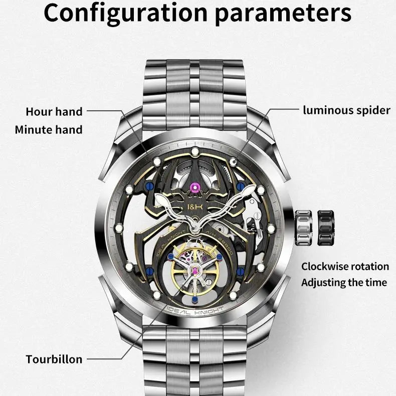 IDEAL KNIGHT 6802 Tourbillon Hollow Automatic Watch — Sapphire, Spider Dial