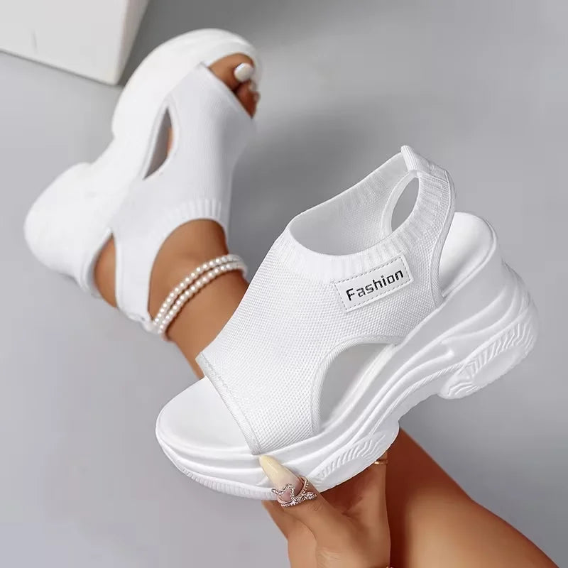 Women Sandals Breathable Wedge Platform Sport Sandals Summer Korean Version Fish Mouth Shoes Fashion Knitting Mesh Shoes Women