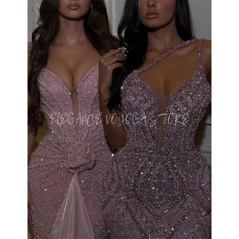 EVS Customized Pink Mermaid Shiny Sequins Prom Dress Sexy Spaghetti Strap vestidos de noche Floor-Length Formal Evening Gowns