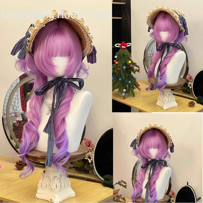 Double Ponytail Long Curly Hair Wig with Bangs Synthetic Hair Cute Lolita Wigs for Women Daily Party Cosplay Wig Heat Resistant