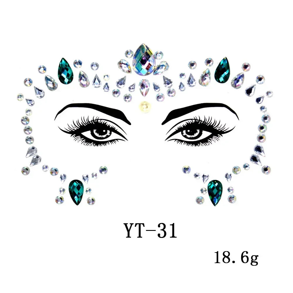 3D Sexy Face Tattoo Stickers Temporary Tattoos Glitter Fake Tattoo Rhinestones Masquerade for Women Party Face Jewels Tattoo