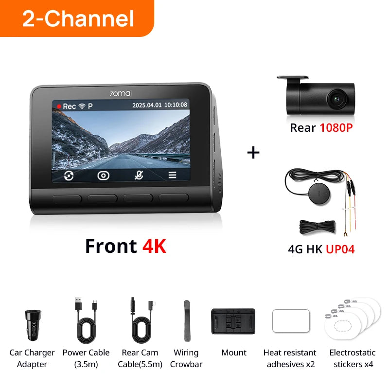 70mai 4K Dash Cam A810S Dual Sensor Front 4K 30FPS Rear 1080P HDR Buffered Emergency Recording Supercapacitor Night Vision