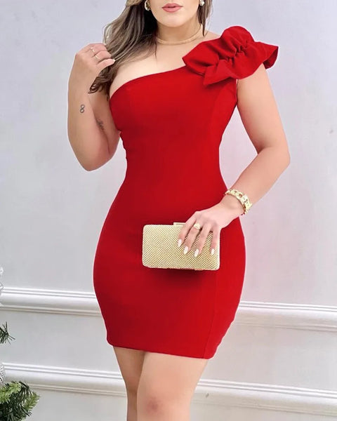 Red Ruffle One-Shoulder Party Dress