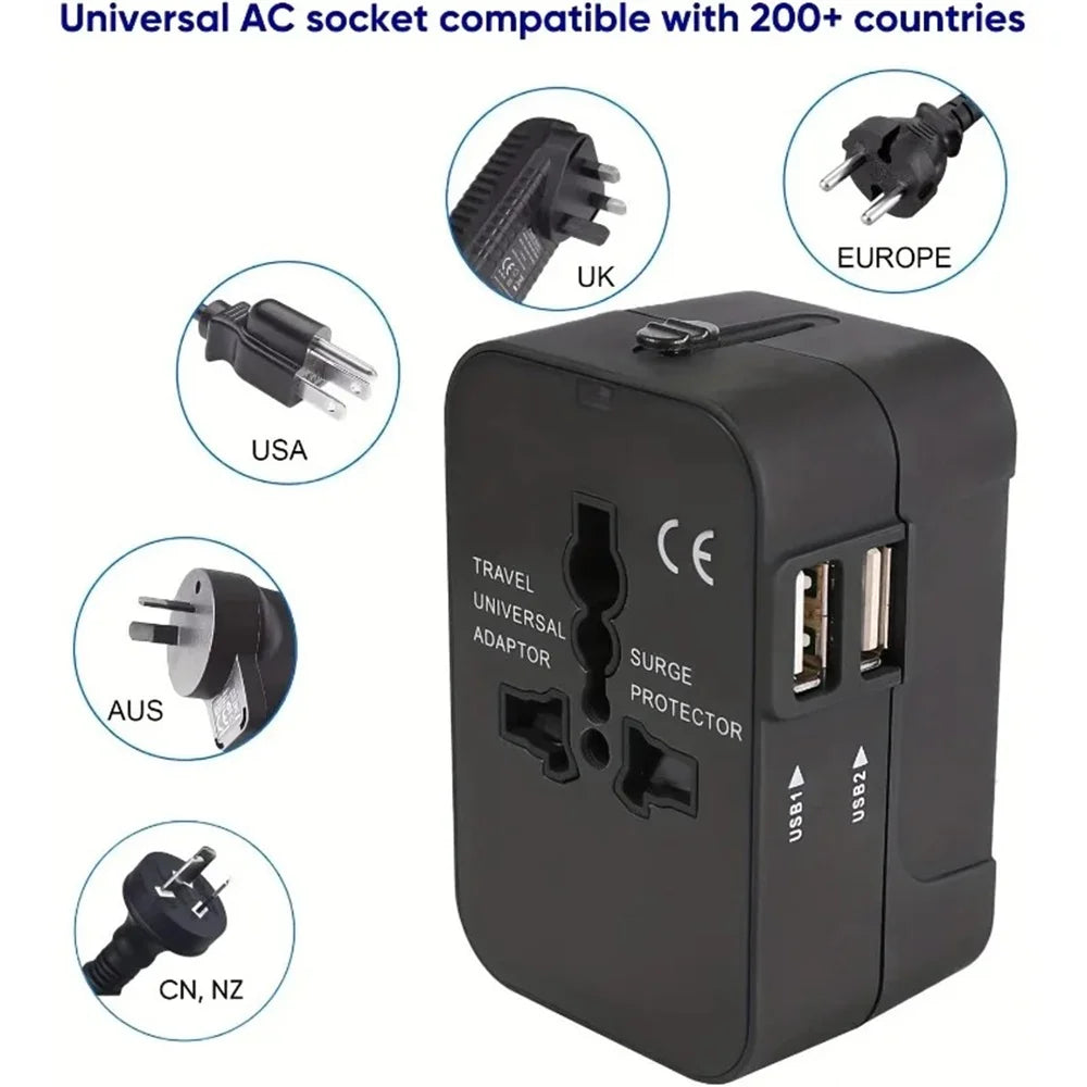 Universal Travel Adapter — UK/EU/US/AU with USB-A and USB-C Ports