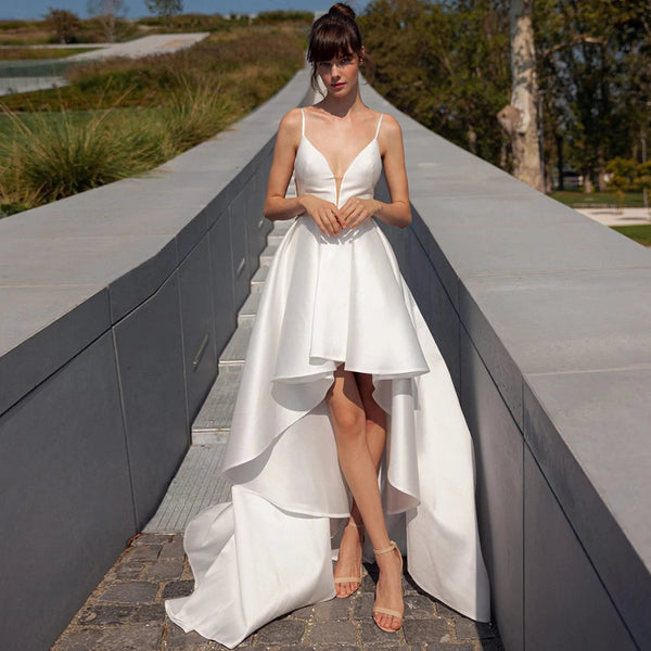 2026 Bride Gowns for Women Charming Satin A-line Wedding Party Dress White Sweetheart Ruched Tailing Wedding Guest Dresses Hi-Lo