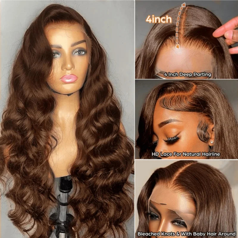 Body Wave 34 Inch Chocolate Brown HD Lace Front Wig