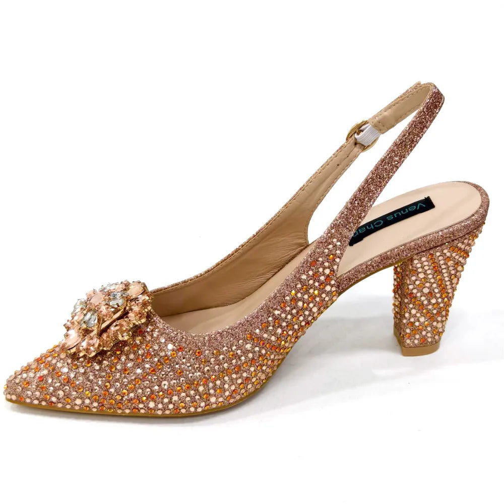 Sandals Woman Summer 2024 African Women Wedding Shoes Slip on Women Party Shoes Decorated with Rhinestone Shoe and Bag Set