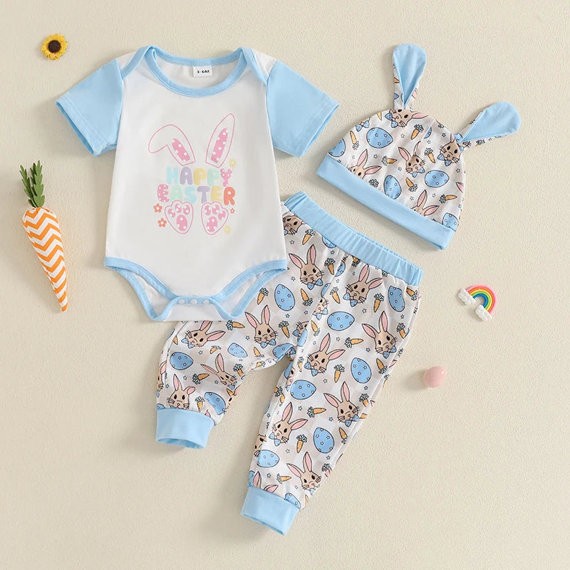 Baby Boy 3-Piece Easter Outfit Set – Romper Pants & Hat