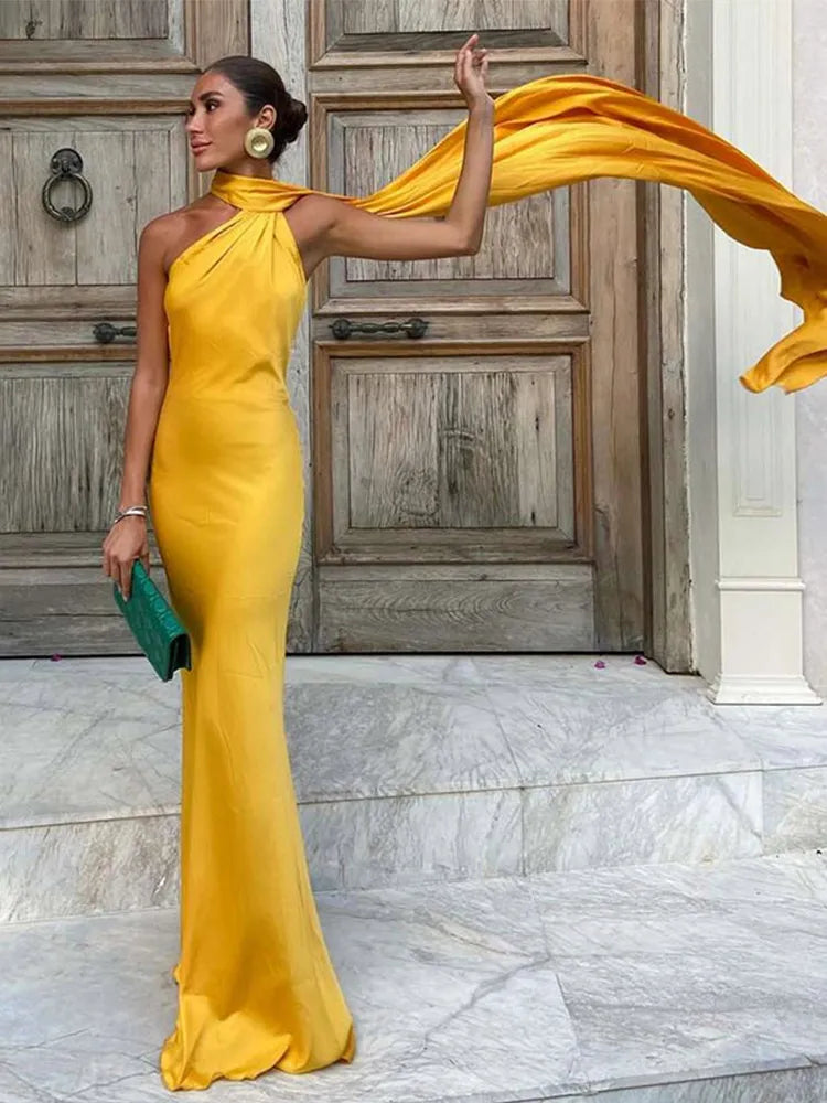 Ribbon Halter Backless Maxi Dress