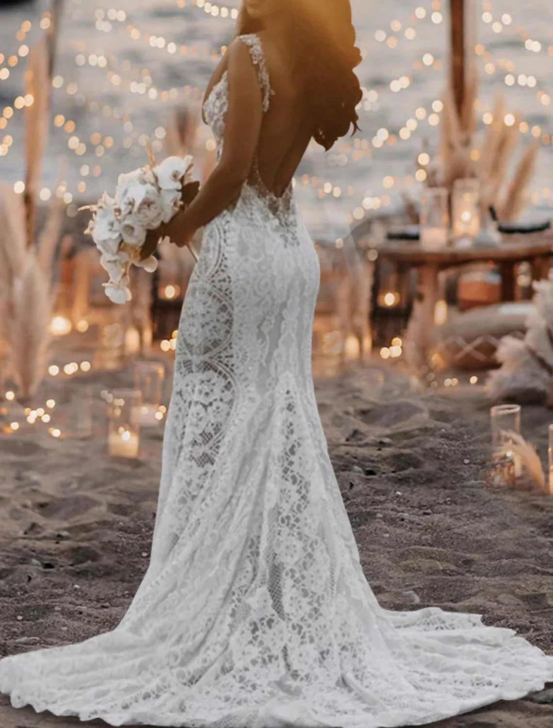 Customzied Sexy Beach Mermaid Boho V Neck Cap Sleeve Court Train Lace Bridal Gowns With Appliques