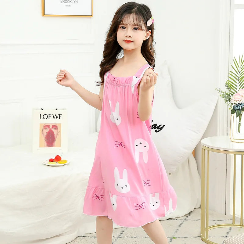 Rabbit Kids Cotton Nightdress Little Teen Girl Pajamas Dresses Children Summer Nightgowns Home Clothes Kids Sleepwear Gecelik