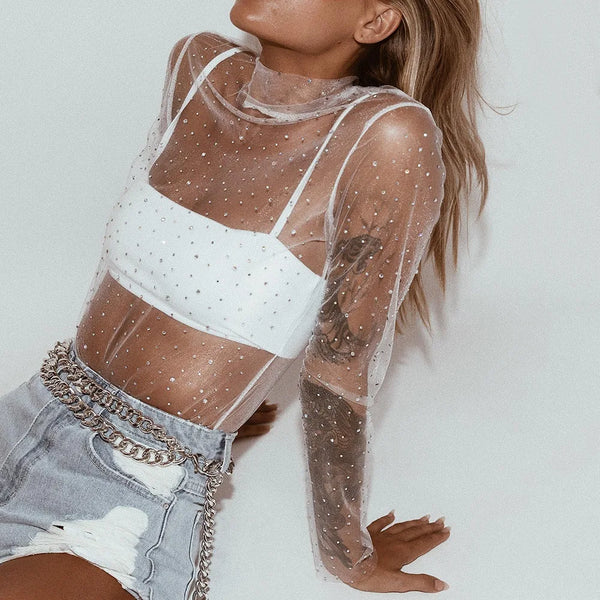 Sheer Lace Rhinestone Turtleneck Crop Top