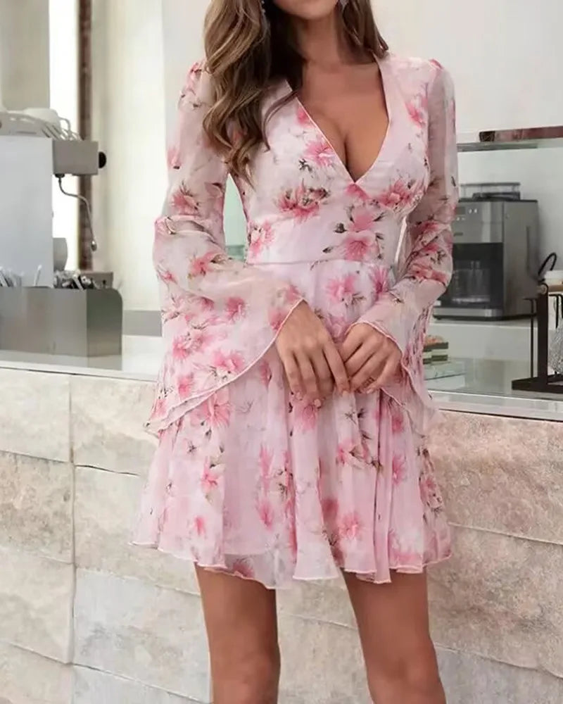 Floral Bell-Sleeve V-Neck Dress
