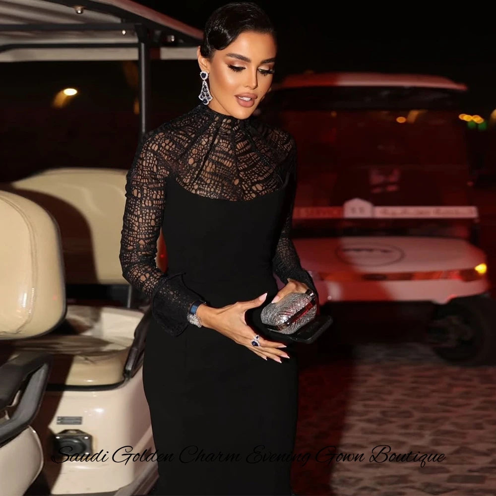 Luxury High Collar Long Sleeves Customized Prom Dress Elegant Mermaid Jersey Celebrity Gowns Delicate Lace Evening Dresses