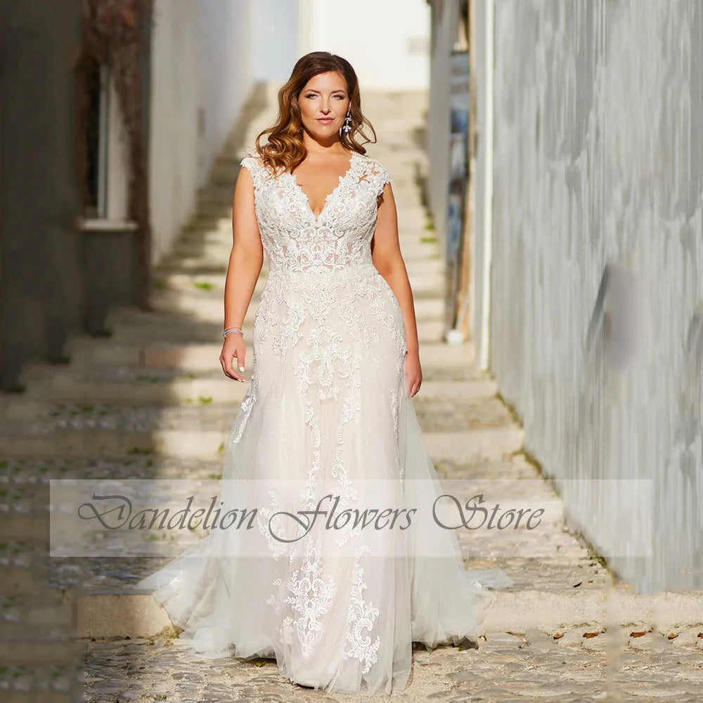 Plus Size Tulle Lace Backless Mermaid Wedding Dress