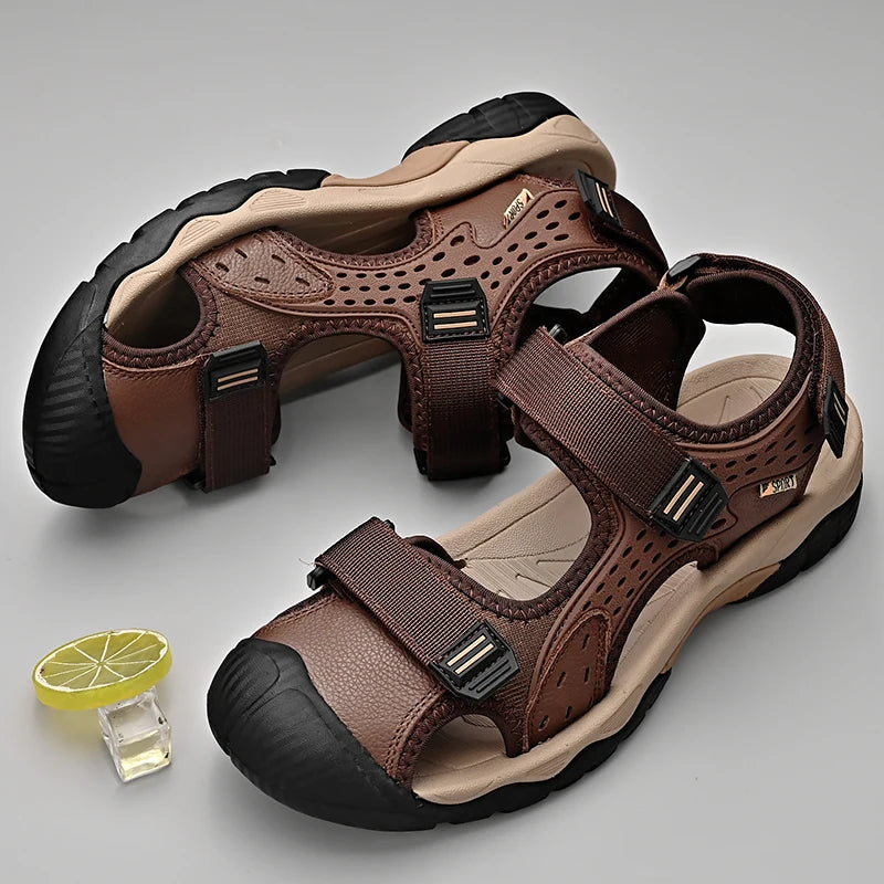 Mens Sandals Fashion Casual Outdoor Beach Slippers Leather Men Sandals Summer Shoes 2026 New Plus Size Breathable Wading Shoes