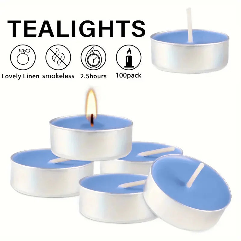 Air Fusion 100 Count Tea Lights Candles Blue Lovely Linen Scented 2.5 Hours Smoke-free Drip-free And Long-lasting Aromatherapy