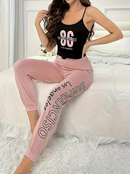 Letter-Print Halter Top & Trousers Pajama Set