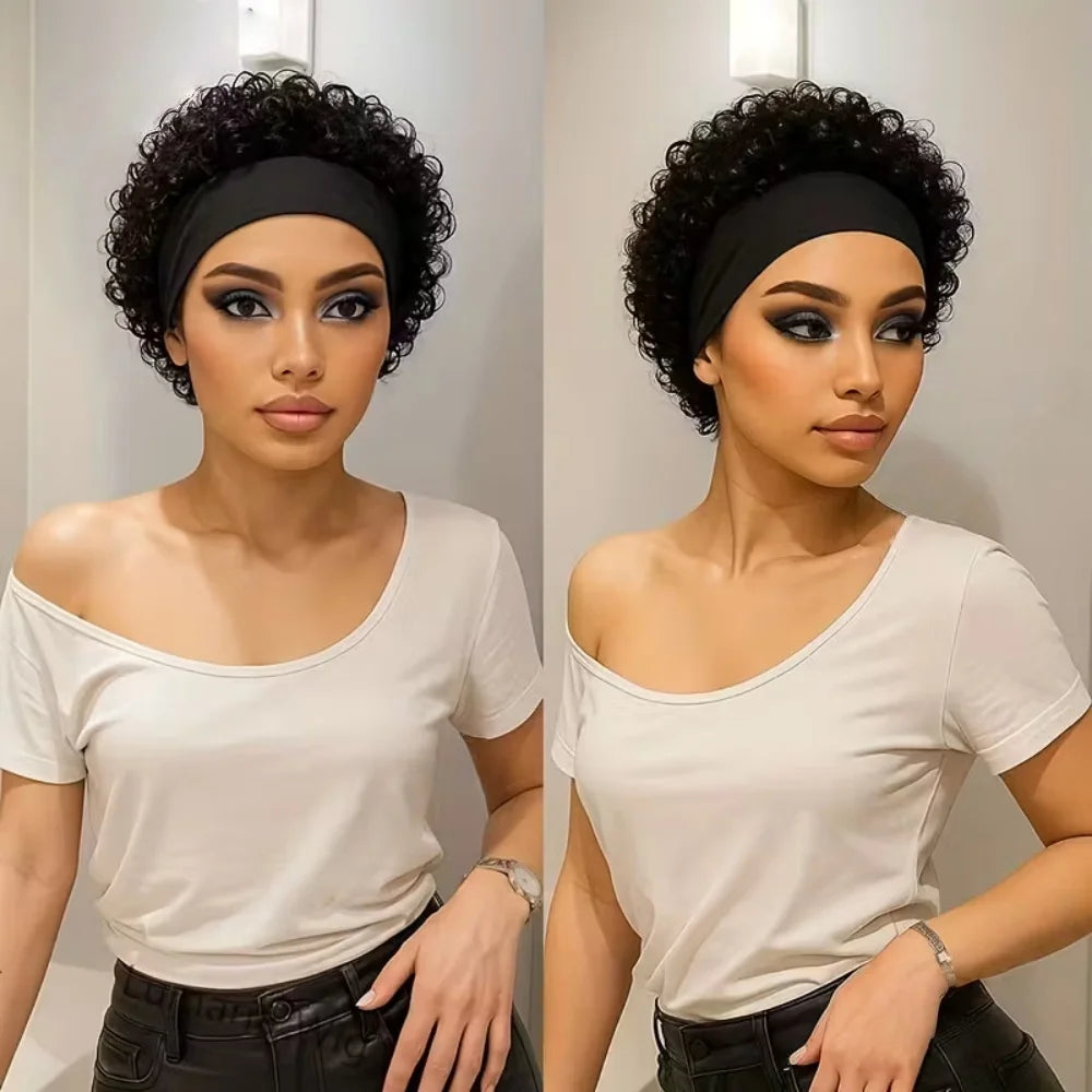 Short Pixie Cut Human Hair Headband Wig Curly