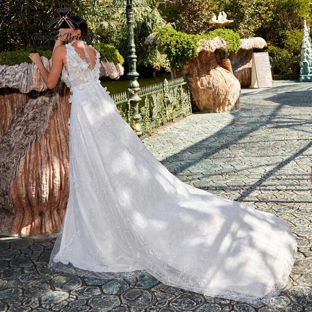 Boho 3D Floral Tulle Wedding Dress with Slit 2026