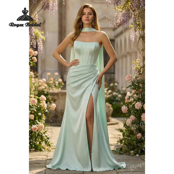 Strapless Mermaid Prom Dresses 2026 Neck Scarf Side Slit Formal Evening Gowns Customized vestidos de fiesta elegantes