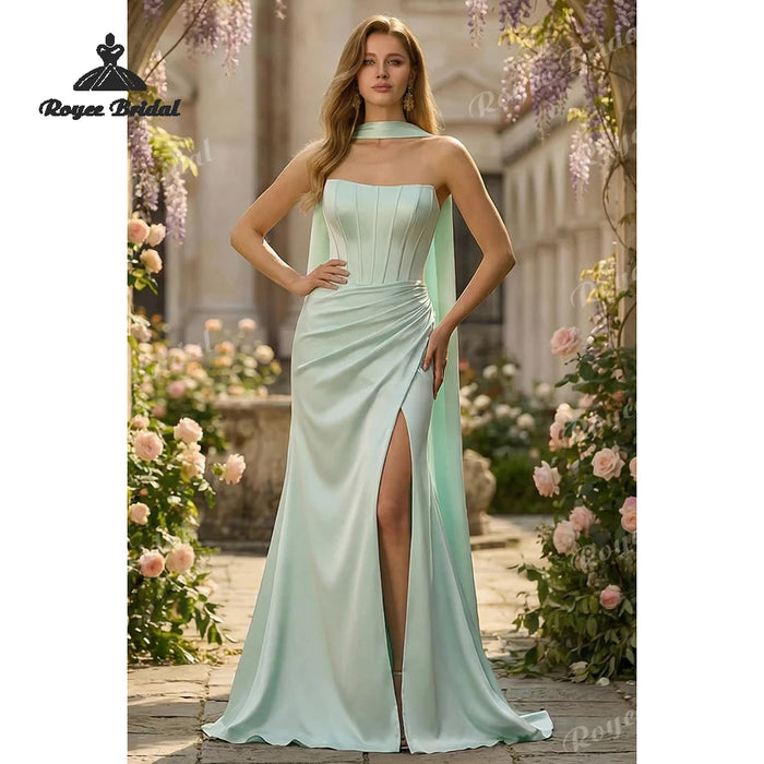 Strapless Mermaid Prom Dresses 2026 Neck Scarf Side Slit Formal Evening Gowns Customized vestidos de fiesta elegantes
