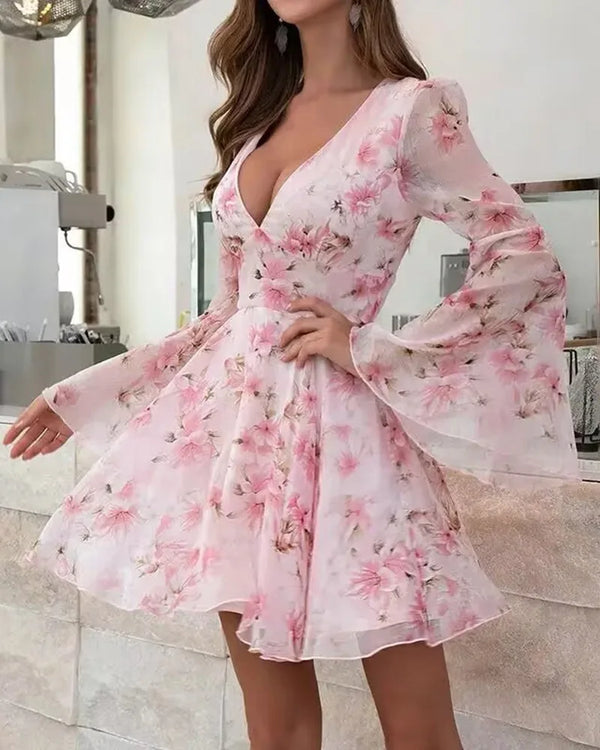 Floral Bell-Sleeve V-Neck Dress