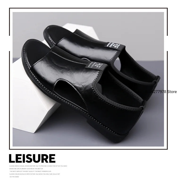 Men's Leather Flat Beach Sandals Slippers