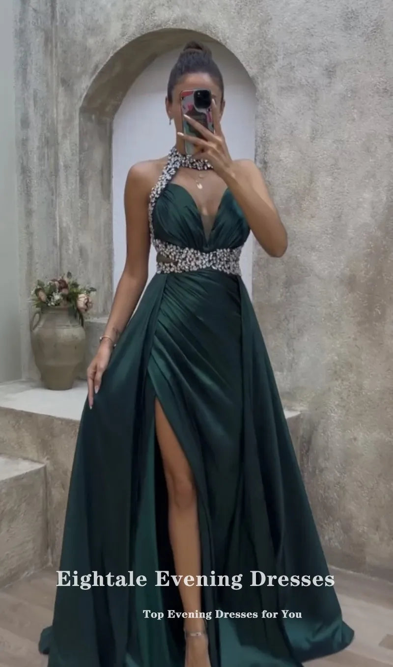 Eightale Dark Green Satin Beaded Evening Dress