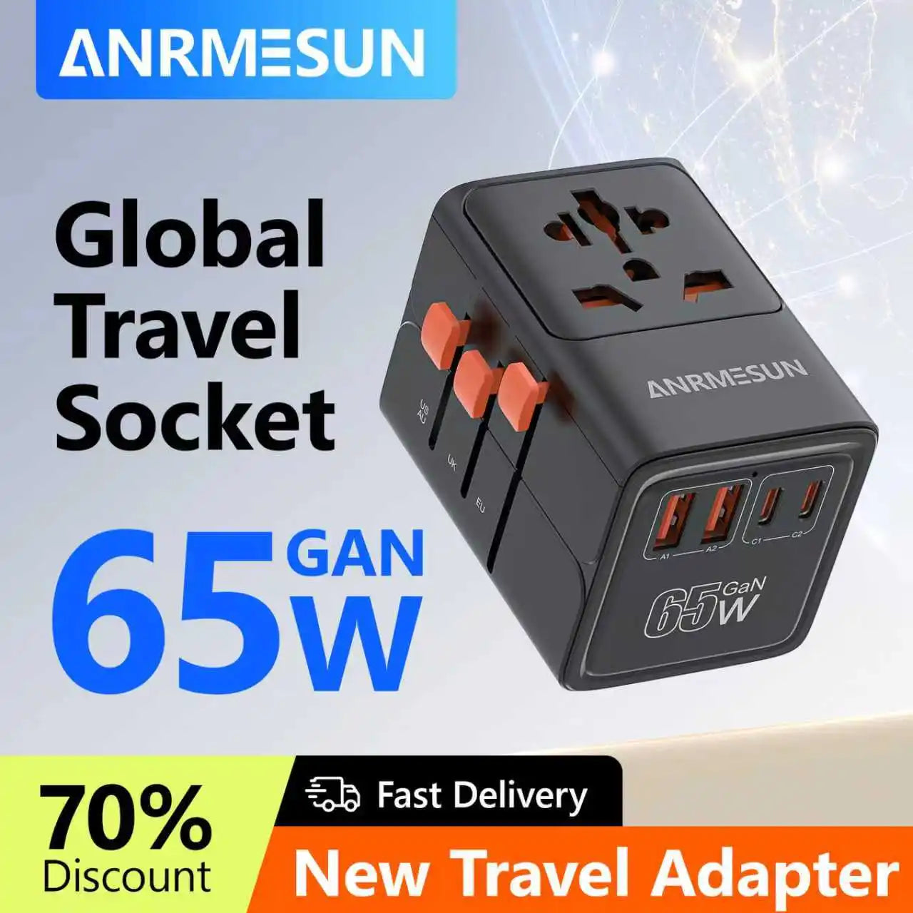 Universal Travel Adapter 4-in-1 with USB-C PD 65W