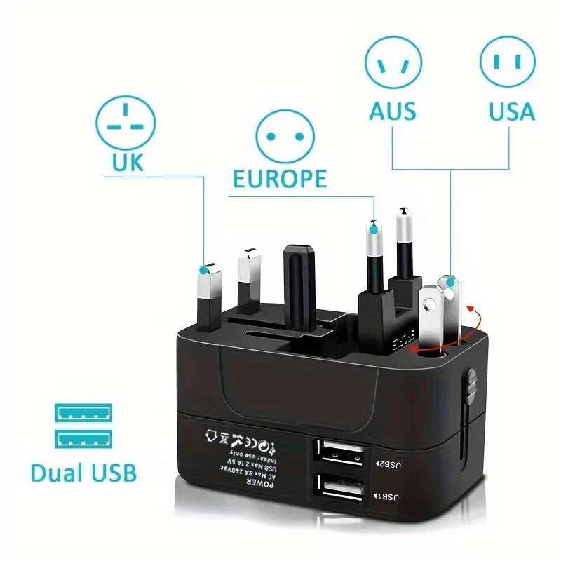 Universal AC Power Adapter — EU/US Plug Converter with Dual USB Ports