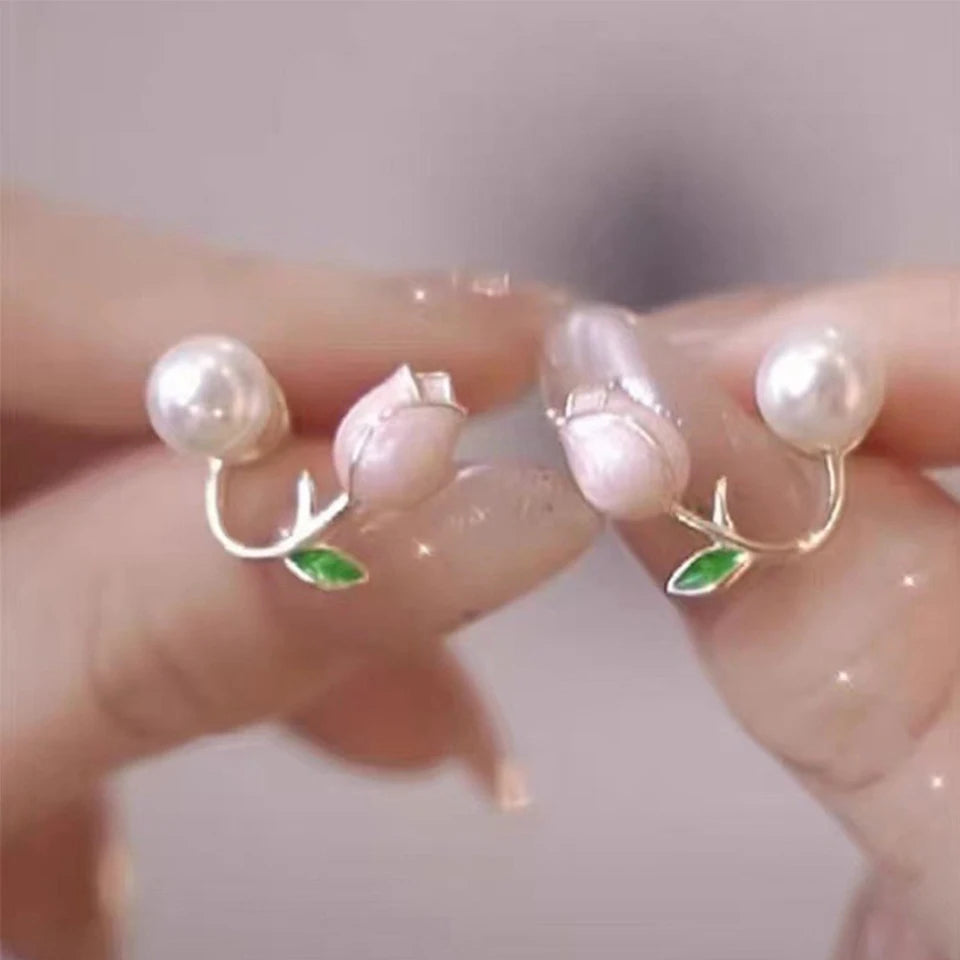 ZAKOL Fresh Rose Stud Earrings with Imitation Pearl Sweet Pink Tulip Earrings Exquisite New Accessories for Women Trendy Jewelry