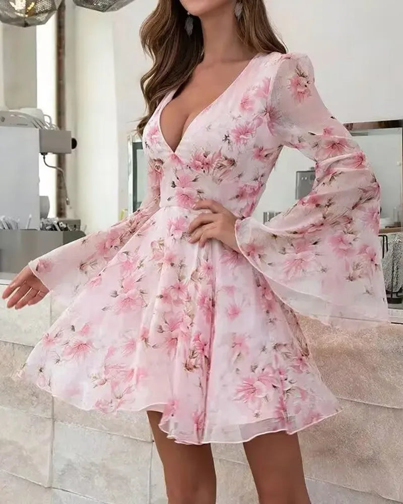 Floral Bell-Sleeve V-Neck Dress