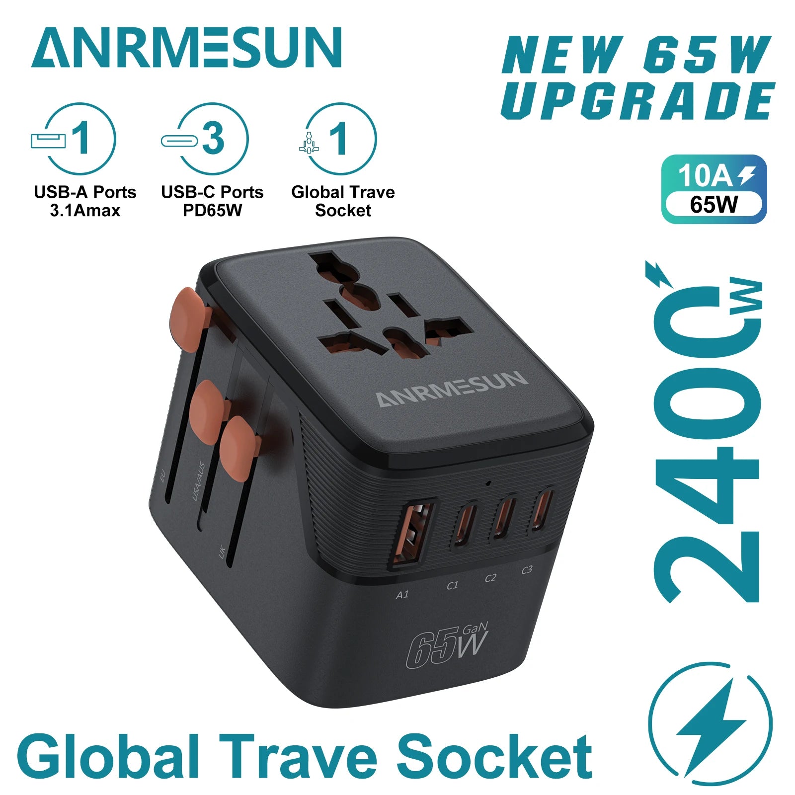 Universal Travel Adapter 4-in-1 with USB-C PD 65W